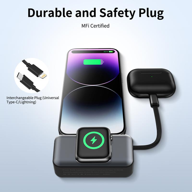 4-In-1 Portable Charger with Built-In Cable for Iphone 17/16/15/14, Apple Watch, Samsung Galaxy S24/23, Magnetic Mini Power Bank 5000Mah Fast Charging -Travel Essential