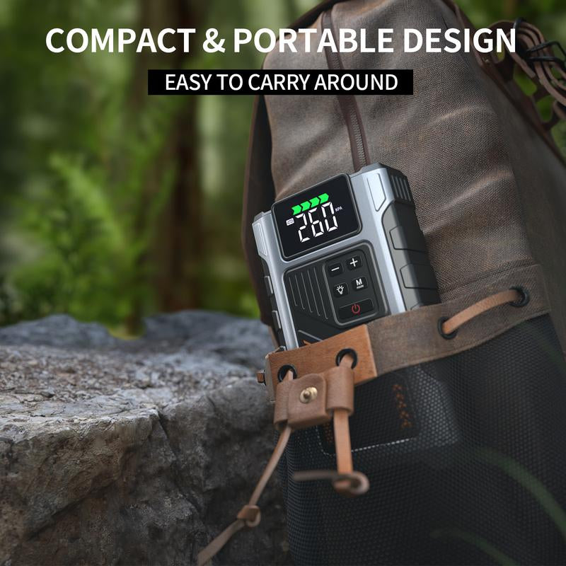 Portable Car Jump Starter with Air Compressor 2500A Peak (8.0L Gas, 6.5L Diesel) with 150 PSI Tire Inflator, 12V Car Battery Jump Power with LED Light W100 Portable Jumpstarter Batterycharger