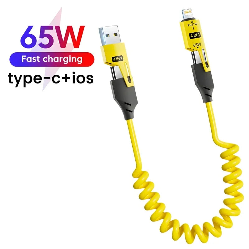 4 in 1 65W Spring Short Data Cable 6A USB Type C Spring Telescopic Quick Charger Wire Spring USB Cable for Iphone 15 14 13 12