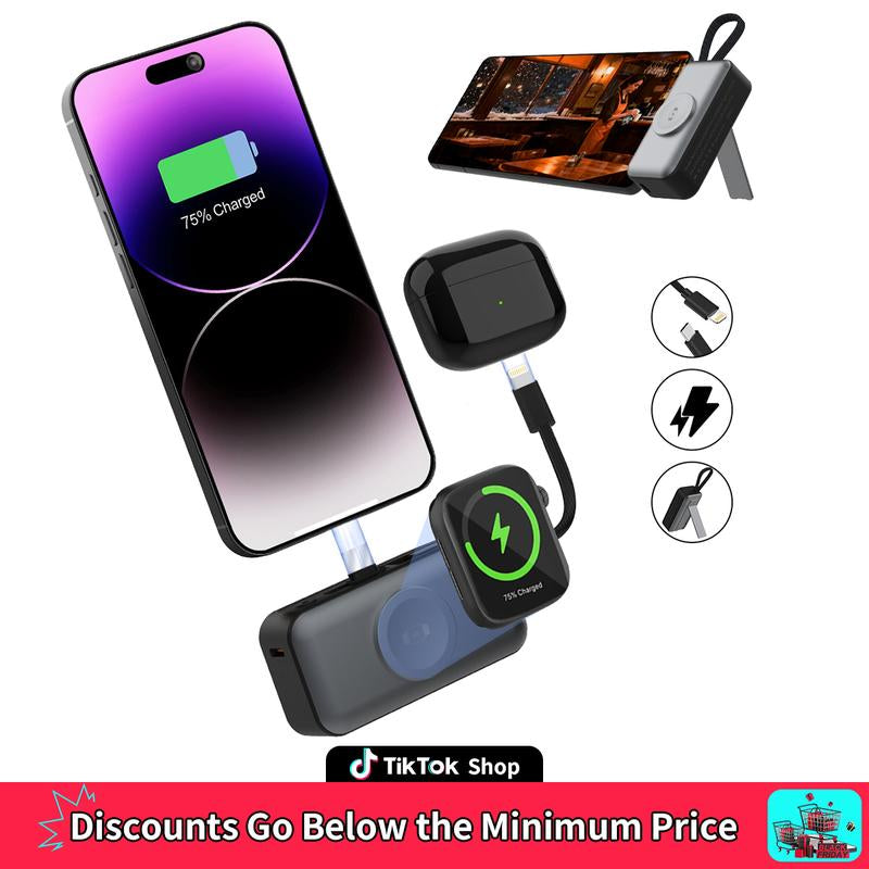 4-In-1 Portable Charger with Built-In Cable for Iphone 17/16/15/14, Apple Watch, Samsung Galaxy S24/23, Magnetic Mini Power Bank 5000Mah Fast Charging -Travel Essential