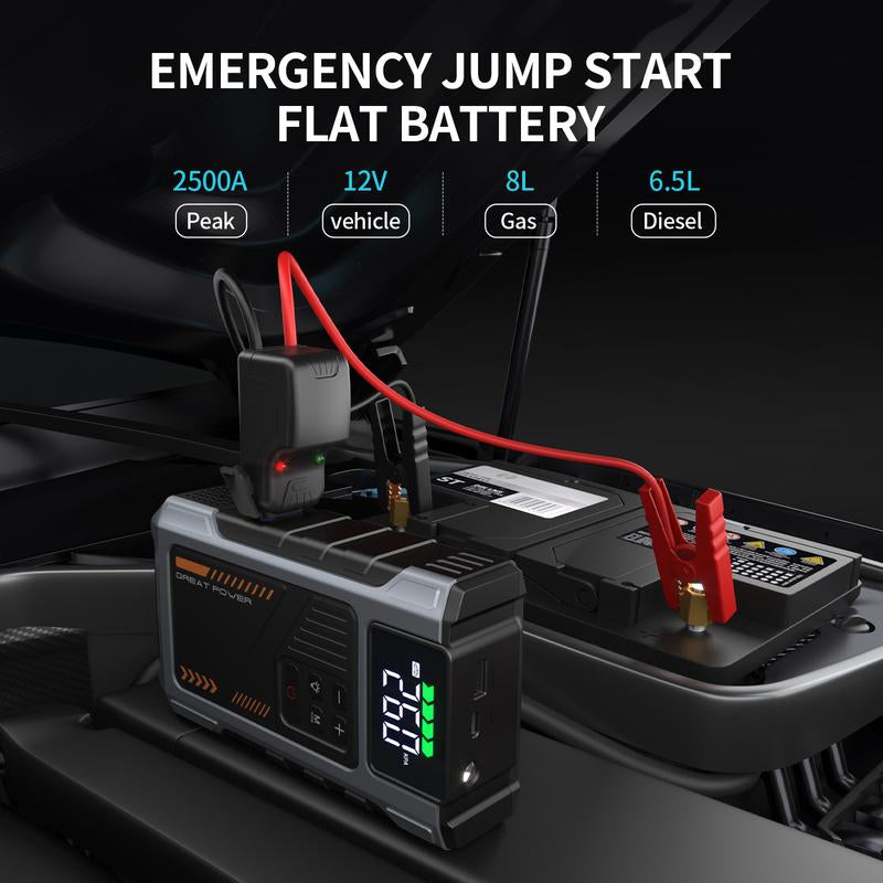 Portable Car Jump Starter with Air Compressor 2500A Peak (8.0L Gas, 6.5L Diesel) with 150 PSI Tire Inflator, 12V Car Battery Jump Power with LED Light W100 Portable Jumpstarter Batterycharger