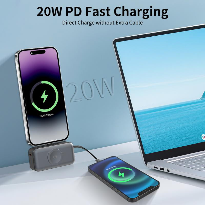 4-In-1 Portable Charger with Built-In Cable for Iphone 17/16/15/14, Apple Watch, Samsung Galaxy S24/23, Magnetic Mini Power Bank 5000Mah Fast Charging -Travel Essential