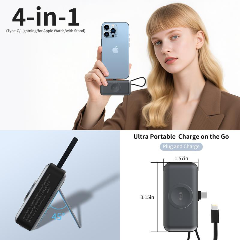 4-In-1 Portable Charger with Built-In Cable for Iphone 17/16/15/14, Apple Watch, Samsung Galaxy S24/23, Magnetic Mini Power Bank 5000Mah Fast Charging -Travel Essential