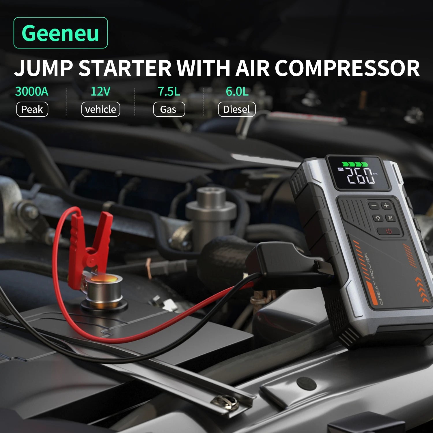 Power Up Your Journey: 3000A Portable Car Jump Starter with Air Compressor and Tire Inflator