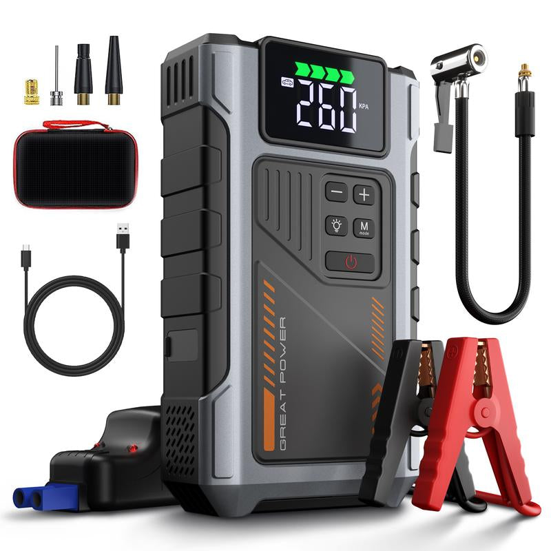 Portable Car Jump Starter with Air Compressor 2500A Peak (8.0L Gas, 6.5L Diesel) with 150 PSI Tire Inflator, 12V Car Battery Jump Power with LED Light W100 Portable Jumpstarter Batterycharger