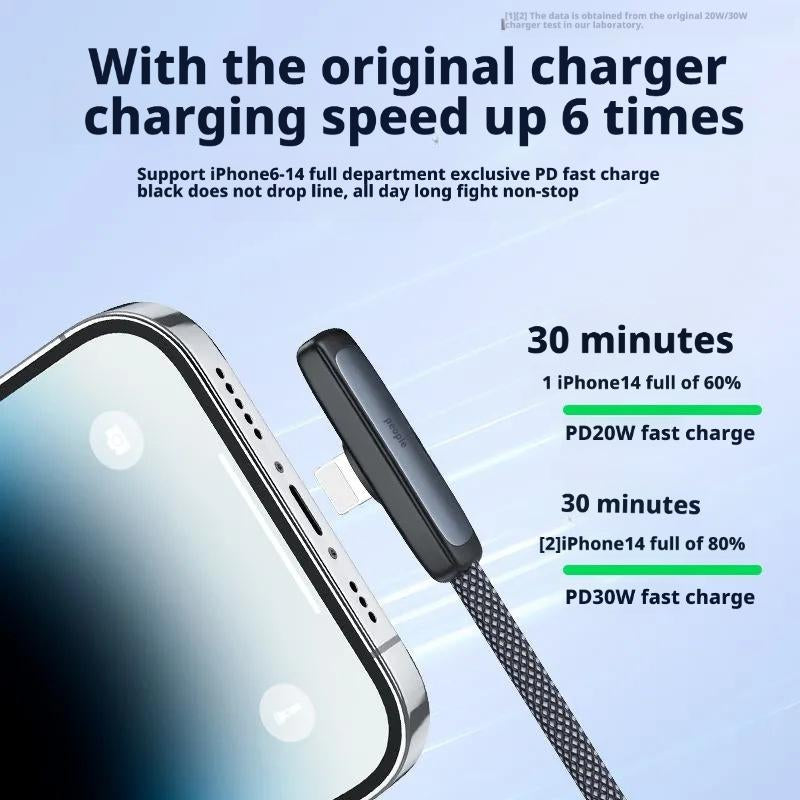 20W/30W PD Fast Charging Cable for Iphone 6-14 & Android Type-C Right Angle Design Braided Durable Data Transfer Cables