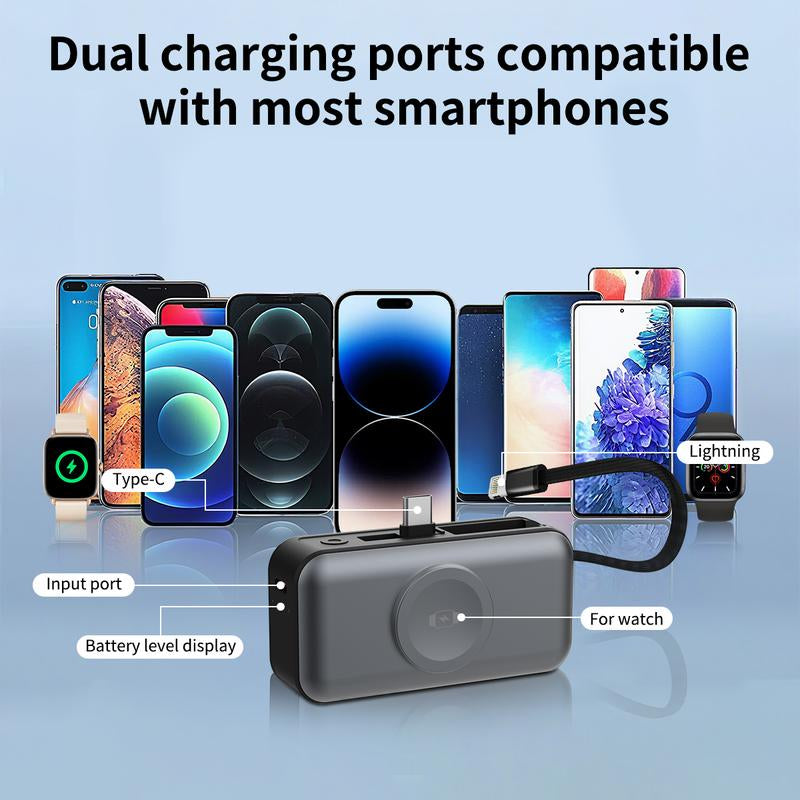 4-In-1 Portable Charger with Built-In Cable for Iphone 17/16/15/14, Apple Watch, Samsung Galaxy S24/23, Magnetic Mini Power Bank 5000Mah Fast Charging -Travel Essential